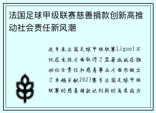 法国足球甲级联赛慈善捐款创新高推动社会责任新风潮